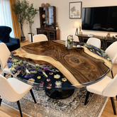 Round Live Edge Walnut & Epoxy Resin Dining Table with Botanical Inlay Handcrafted Statement Piece